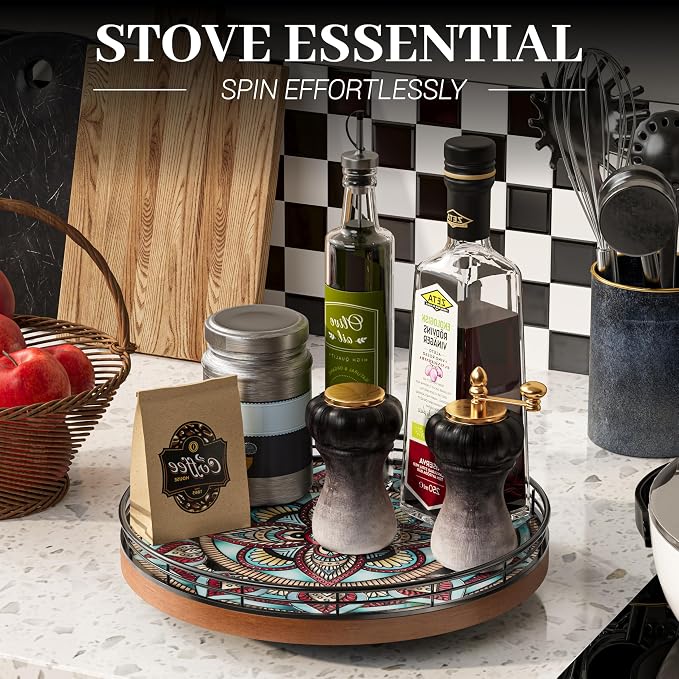 10.2-Inch Boho Lazy Susan with Oak Base and 3D Textured Ceramic Tile | Rotating tray with raised boho ceramic texture, oak base and walnut finish for dining tables, counters and coffee bars.