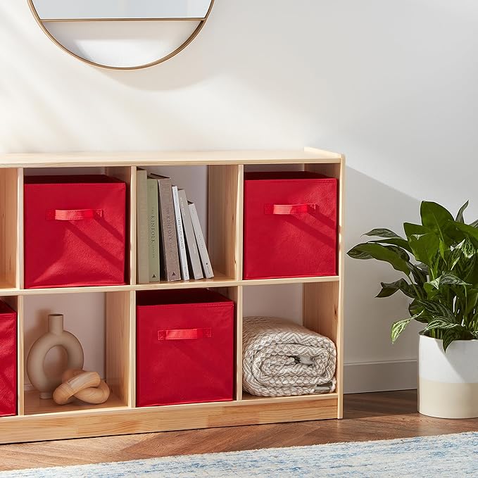 Amazon Basics Collapsible Fabric Storage Bins with Handles, Cube Organizer, Home Organization, 10.5"x10.5"x11", Red, 6-Pack