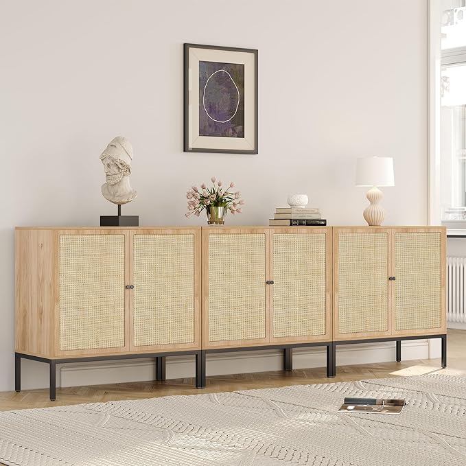 Yechen 31.5" Sideboard Cabinet with Natural Rattan Decorated Doors, Rattan Cabinet, Accent Buffet Console Storage Cane Credenza Cupboard, for Living Room Dining Room Entryway Kitchen, Metal Legs