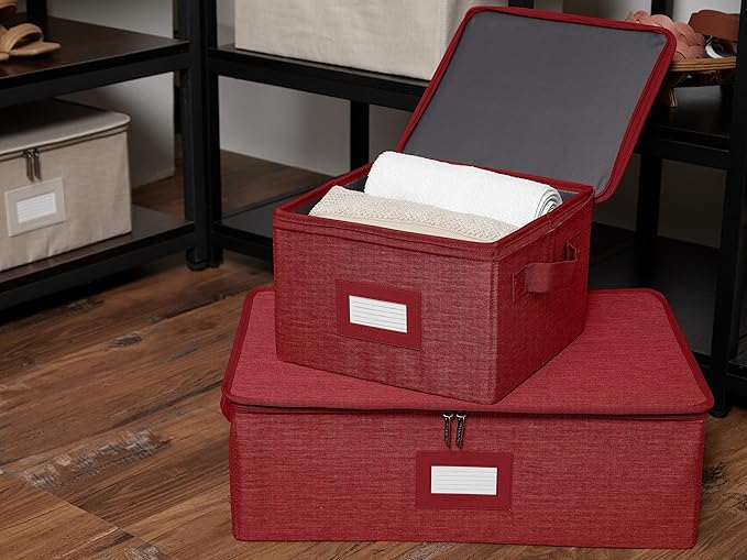 Covermates Keepsakes Zip-Top Storage Box Set, 3 Pack Heavy Duty Polyester Organizer Bins, Stackable Design, ID Window, Reinforced Handles, Closet Home Storage, Red Heather