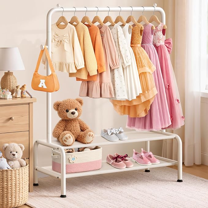 Kids Clothing Rack - Dress Up Clothes Rack - Baby Toddler Closet - Mini Freestanding Coat Racks with 2 Fabric Shelves - Small Kids Costume Wardrobe - Garment Rack for Hanging Clothes Organizer