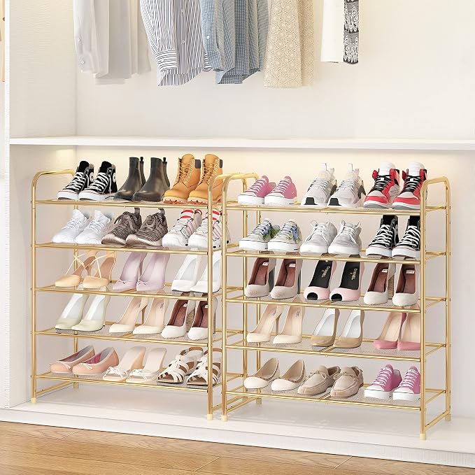 Simple Trending 5-Tier Stackable Shoe Rack, Expandable & Adjustable Shoe Shelf Storage Organizer, Metal Mesh, Gold