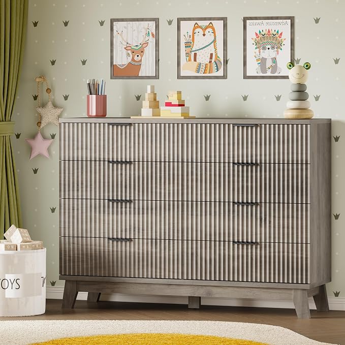 BORNOON 53" Wide Dresser for Bedroom, 8-Drawer Fluted Chest of Drawers, Modern Wood Highboy with Metal Slides and Handles, Anti-Tip Kit, Vertical Clothes Storage Organizer for Apartment, Closet