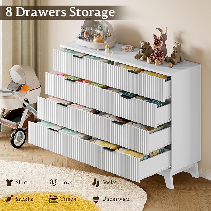 BORNOON 53" Wide Dresser for Bedroom, 8-Drawer Fluted Chest of Drawers, Modern Wood Highboy with Metal Slides and Handles, Anti-Tip Kit, Vertical Clothes Storage Organizer for Apartment, Closet