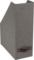 Bigso Box of Sweden Estelle Canvas Fiberboard Upright Magazine Storage Box Organizer for Papers & Catalogs w/Leather Handle | Magazine File Holder for Office Desks | 12.6" x 4.5" x 9.8" | Gray