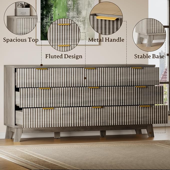 BORNOON Fluted 9 Drawer Dresser, 57.1" Wide Modern Boho Chest of Drawers, Wooden Storage Dresser TV Stand for Bedroom, Living Room, Closet, Hallway, Curved Profile Design
