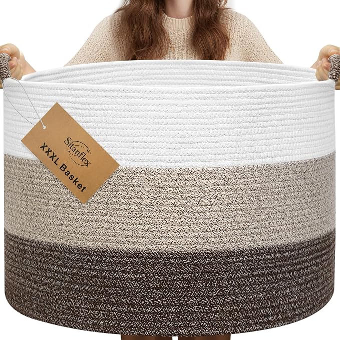 XXXL Large Blanket Basket for Living Room, 21.7" x 13.8" Woven Cotton Rope Laundry Hamper for Pillows, Towels & Toy Storage - Decorative Round Storage Basket with Handles for Nursery, Baby & Dog Toys