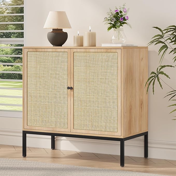 Yechen 31.5" Sideboard Cabinet with Natural Rattan Decorated Doors, Rattan Cabinet, Accent Buffet Console Storage Cane Credenza Cupboard, for Living Room Dining Room Entryway Kitchen, Metal Legs