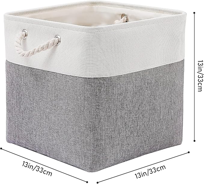 MidmmVick 13 x 13 Inch Cube Storage Bins, 6 Pack Extra Large Collapsible Fabric Storage Bin with Ropes, Foldable Storage Cubes for Home (White & Grey-13"x13"x13")