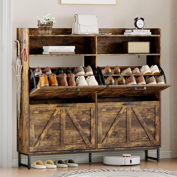 Wodeer Shoe Cabinet Storage for Entryway, Shoe Storage Cabinet with 4 Flip Drawers, Freestanding Narrow Shoe Rack Organizer with Metal Legs, Adjustable Shelves & Open Storage for Foyer, Hallway, Brown