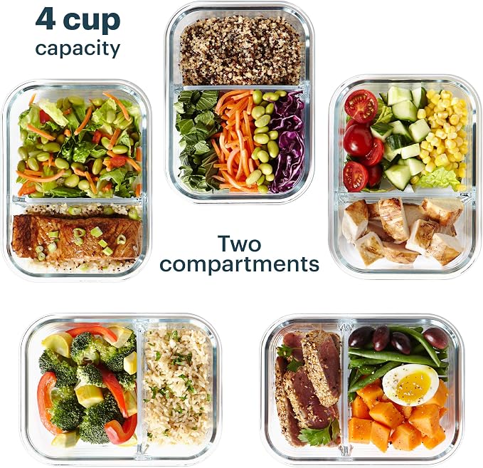 Pyrex Glass Meal Box (5-Pack, 4 Cup) Divided Compartments, Locking Lids | For meal prepping and portioning, BPA-Free, microwave & dishwasher safe