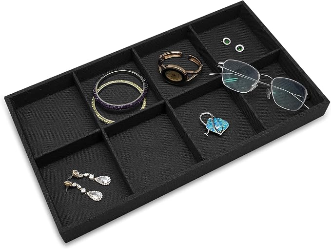The Display Guys - Stackable Jewelry Tray and Organizer - for Drawers, Dressers, Store Display (8 Compartments, Black Burlap)