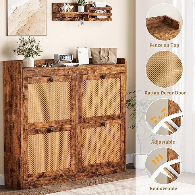 Garvee Shoe Storage Cabinet with 4 Deep Flip Drawers, Wood Shoe Cabinet with Rattan Doors and Adjustable Shelves- Freestanding Shoe Organizer for Entryway, Hallway (Brown, 4 Drawers- 2PCS)