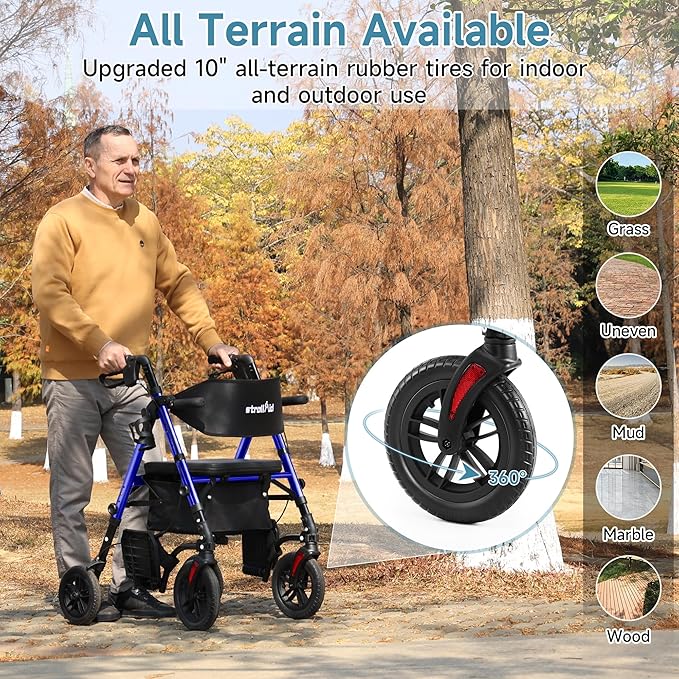 Walkers for Seniors, 2 in 1 Rollator Wheelchairs Combo 10" Big Wheels Walker with Seat, Rollator Transport Chair with Brakes Folding Rolling Walker for Adults, Blue