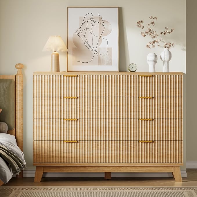 BORNOON 53" Wide Dresser for Bedroom, 8-Drawer Fluted Chest of Drawers, Modern Wood Highboy with Metal Slides and Handles, Anti-Tip Kit, Vertical Clothes Storage Organizer for Apartment, Closet