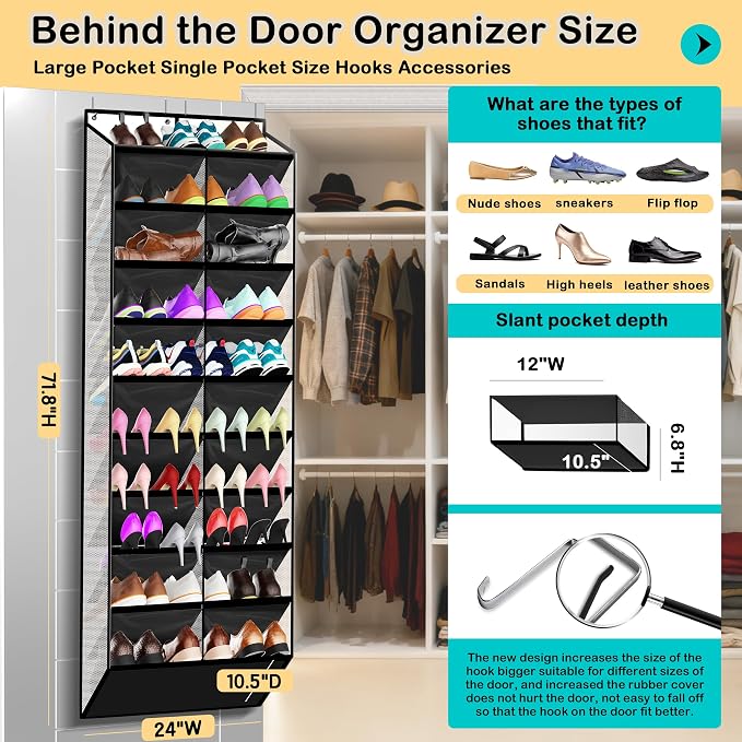 Kotkn 10-Tier Over the Door Shoe Organizer, 20 Pockets Holds 20-30 Pairs, Heavy-Duty Oxford Fabric with Hexagon Mesh for Boots & Sneakers-White