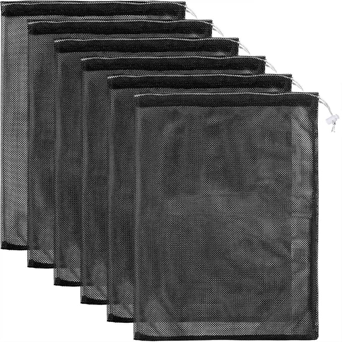 Frienda 6 Pieces Mesh Stuff Sack, 11 x 15 Inch Durable Nylon Drawstring Laundry Bag for Rinsing Beach Toys, Seashell Collecting, Mesh Bags for Travel(Black)