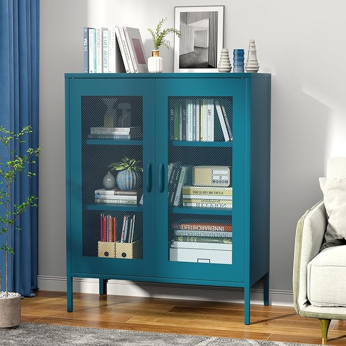 Ustamio Blue Metal Storage Cabinet with Mesh Doors, Small Office Storage with 2 Adjustable Shelves, Accent Metal Locker for Home, Office, Living Room, Hallway