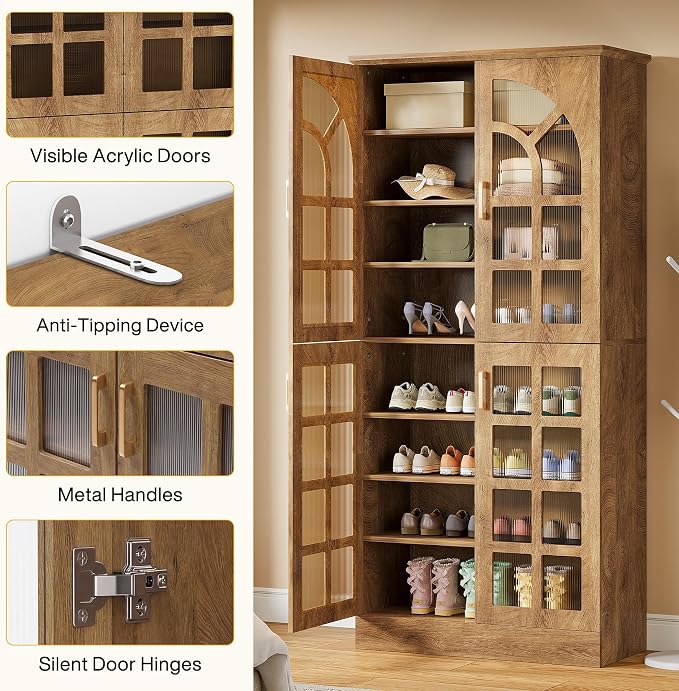 Tribesigns Tall Shoe Cabinet with Doors and Led Lights, 8-Tier Wooden Shoe Rack Organizer with Adjustable Shelves, Narrow Shoe Storage Cabinet for Entryway, Hallway, Living Room, Brown, 2PCs