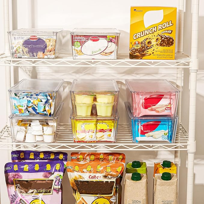Vtopmart 2pcs Clear Organizers and Storage Bins with Lids, Stackable Plastic Storage Containers with Handles for Fridge, Freezer, Pantry, Cabinet, Kitchen Organization