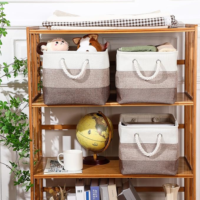 meekoo 8 Pack Collapsible Storage Bins Fabric Storage Bins Polyester Fabric Baskets with Handles Linen Closet Organizer for Shelf Home Closet Towels Toys(15 x 11 x 9.5 in,Mixed Beige)