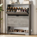 Xixini Shoe Storage Cabinet for Entryway with 2 Flip Drawers, Hidden Slim Wood Shoe Organizer with Modern Fluted Panel, Freestanding Narrow Shoe Rack for Front Door Entrance, Hallway, Foyer, Grey