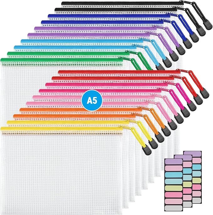 JARLINK 20 Pack 10 Colors Zipper Mesh Document Pouch, 6x9 Inch/A5, Plastic Water-Resistant File Bags, for School Office Supplies, Cosmetics Travel Storage, Assorted Color