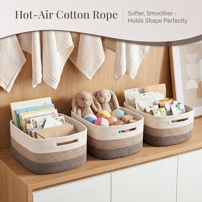 5-Pack Large Woven Rope Storage Baskets, 2 Sizes Organizer Bins | Fabric Cube Boxes and Rectangular Shallow Bins for Closet, Shelf, Bookshelf, Nursery, Changing Table, Bathroom, Toys & Home