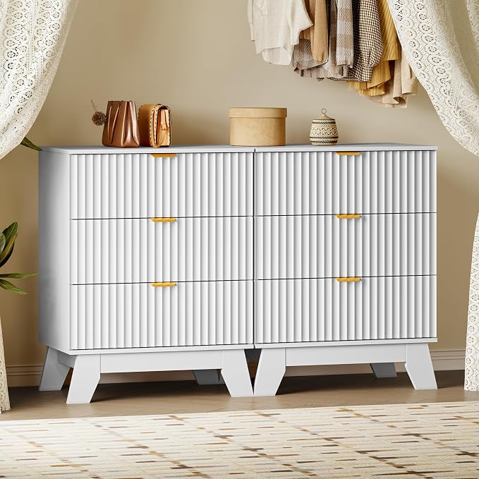 BORNOON Fluted 3 Drawer Dresser, 30.3" Tall Compact Modern Boho Chest of Drawers, Wooden Storage Cabinet for Bedroom, Living Room, Entryway, Curved Profile Design