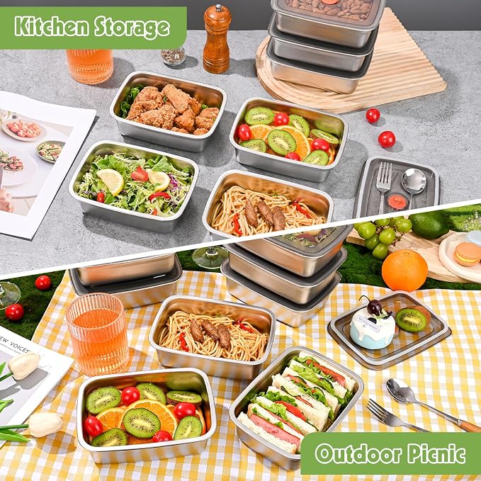 CLWVPCOT 10 Pack Stainless Steel Food Storage Containers with Leak-Proof Lids, 34oz Reusable Metal Meal Prep Lunch Boxes, Stackable, BPA-Free, Dishwasher Safe for Snacks, Fruits & On-the-Go Meals