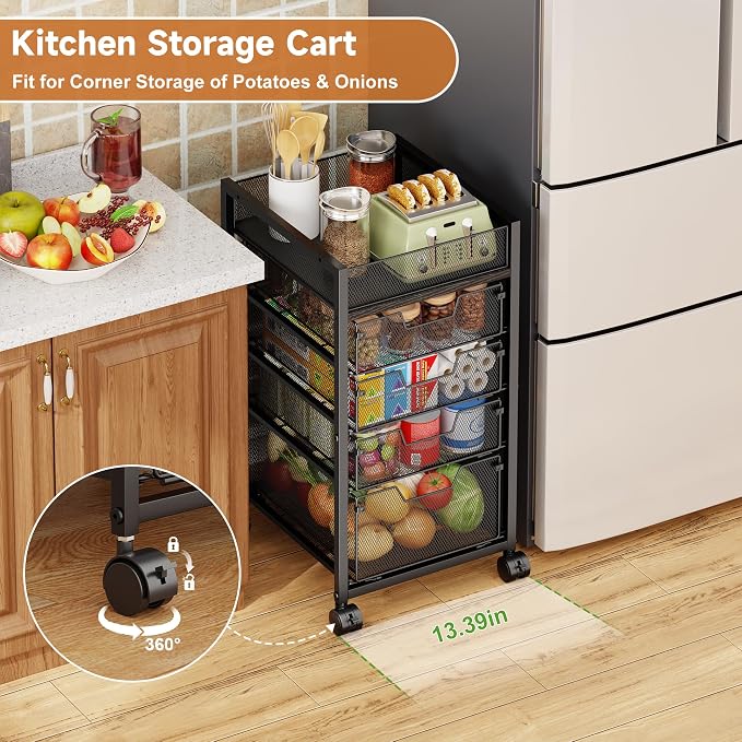 5-Tier Rolling Utility Cart with Adjustable Wood Top (Tabletop or Basket) | Metal Kitchen Storage Cart - Fruit Vegetable Storage Rack with Wheels & 4 Drawers,, Pantry Snack Cart for Cans, Craft, Art