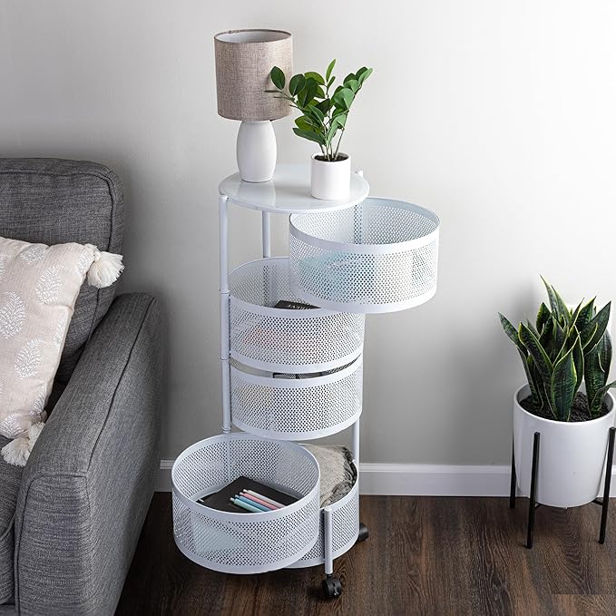 Home-Complete Kitchen Storage Rolling Cart with Wheels - 5 Tier Rotating Fruit and Vegetable Baskets for Kitchen Organization and Storage - Metal Cart for Pantry, Bathroom, or Craft Room (White)