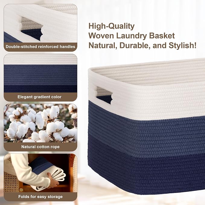 86L Large Woven Laundry Basket Hamper with Handles, Gradient Blue | 24"x16"x14", collapsible wicker hamper, storage for dirty clothes, toys, blankets, gifts, living room, bedroom, bathroom