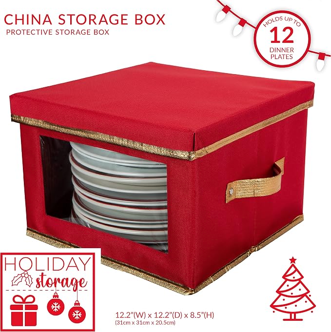 Simplify Holiday Dinner Plate Dinnerware Storage Box | 12.2 Inch | Christmas China | 12 Felt Dividers | Tableware Setting | Red