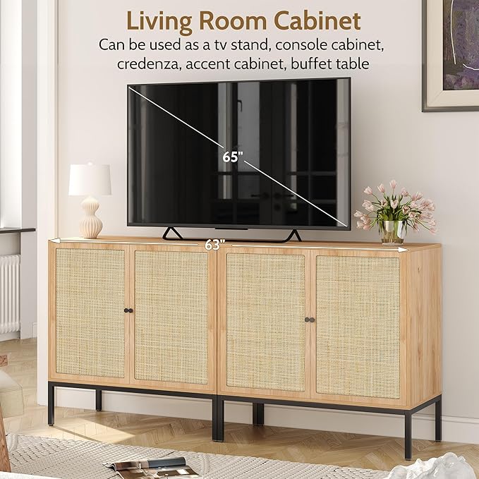 Yechen Set of 2 63" Sideboard Cabinet with Natural Rattan Doors, Buffet Console & Accent Cabinet, Rattan Credenza Storage with Metal Legs for Living Room, Kitchen, Dining Room