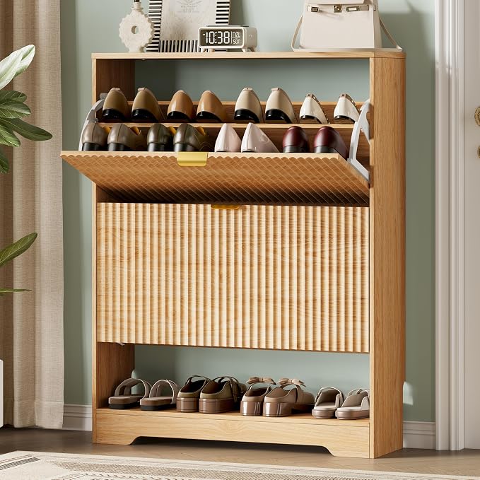 Xixini Shoe Storage Cabinet for Entryway with 2 Flip Drawers, Hidden Slim Wood Shoe Organizer with Modern Fluted Panel, Freestanding Narrow Shoe Rack for Front Door Entrance, Hallway, Foyer, Oak