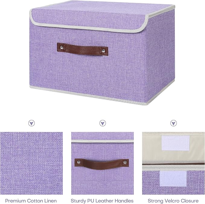 ANMINY 4PCS Storage Bin with Lid Storage Boxes with PU Leather Handles PP Plastic Board Decorative Foldable Lidded Cotton Linen Fabric Home Cubes Baskets Closet Organizer Container - Purple, Medium