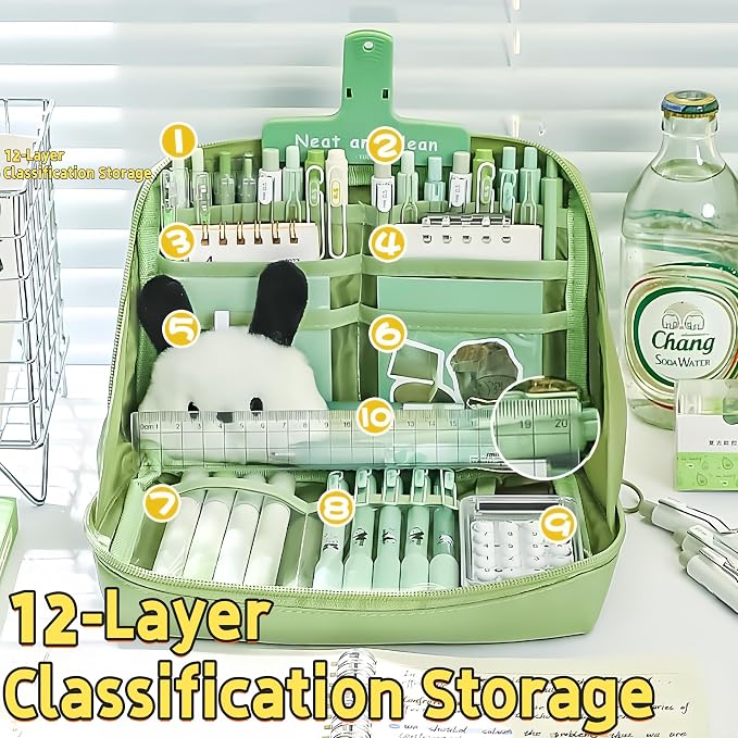 Kawaii Cute Aesthetic Pencil Case - Large Capacity Canvas Pen Pouch Bag (Green)