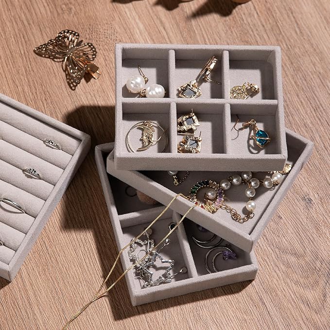 Frebeauty Small Jewelry Organizer for Drawer,Set of 9 Velvet Jewelry Trays | Jewelry Box Inserts,Drawer Inserts,Vanity Drawer Organizer,Mini Size,Stackable Earring Organizer,Adjustable Dividers