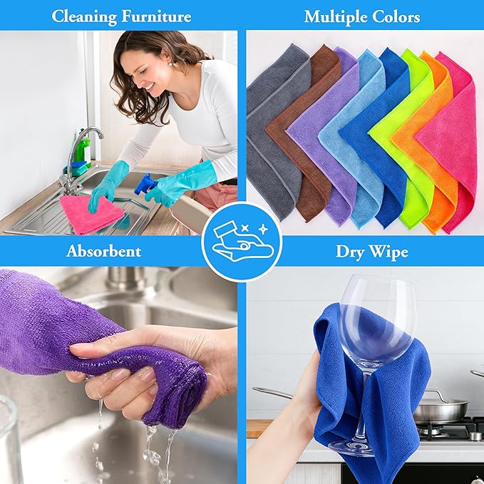 lucdnc Microfiber Cleaning Cloths 16 Pack 8 Color Cleaning Rags for Housekeeping Home Kitchen Bathroom Car,11.5"X11.5" Soft Lint Free Wet and Dry Use Dusting Cleaning Supplies Towels