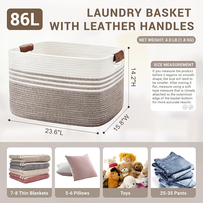 86L Woven Laundry Basket Hamper with Leather Handles,Dark Brown | 24"x16"x14", collapsible wicker hamper, storage for dirty clothes, toys, blankets, gifts, living room, bedroom, bathroom