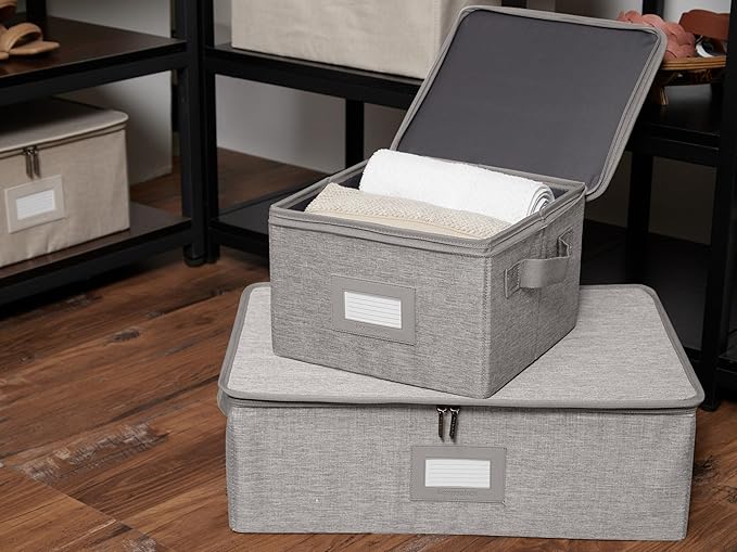 Covermates Keepsakes Zip-Top Storage Box Set, 3 Pack Heavy Duty Polyester Organizer Bins, Stackable Design, ID Window, Reinforced Handles, Closet Home Storage, Grey Heather