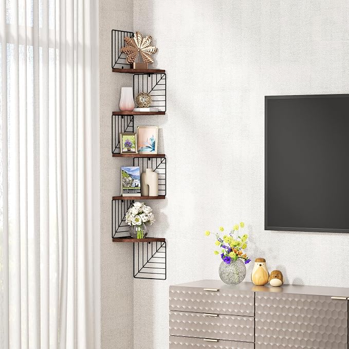 Love-KANKEI Corner Wall Shelf 5 Tier,Solid Wood with Bracket,51"Tall,Walnut | Easy to Install,Leaf-Shaped Floating Wall Shelves,Capacity 44 Lbs,For Bedroom Living Room Bathroom Kitchen Office,Display