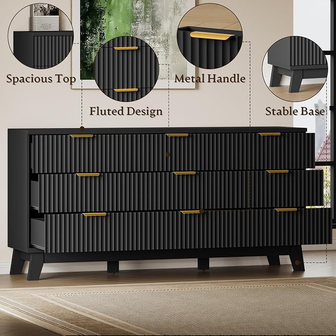 BORNOON Fluted 9 Drawer Dresser, 57.1" Wide Modern Boho Chest of Drawers, Wooden Storage Dresser TV Stand for Bedroom, Living Room, Closet, Hallway, Curved Profile Design