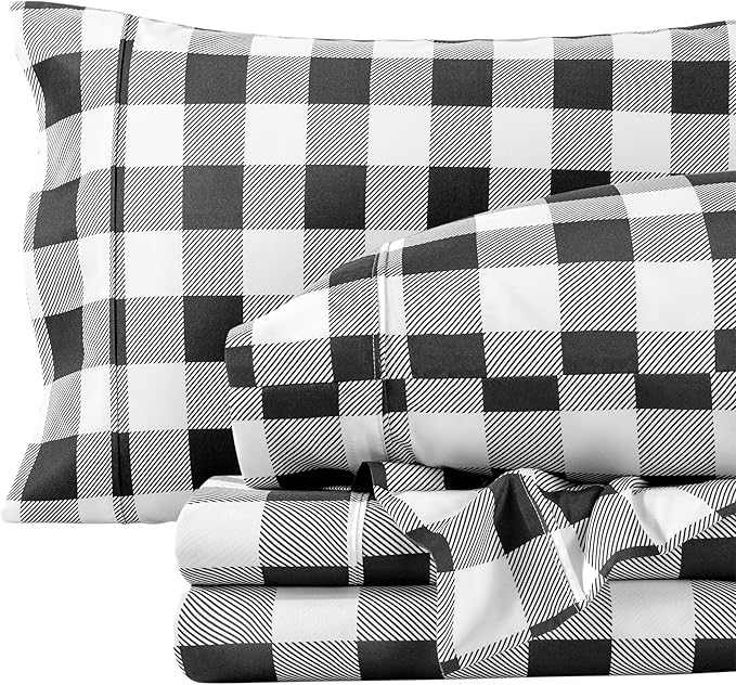 Bare Home Full Sheet Set - Luxury 1800 Ultra-Soft Microfiber Double Brushed - Deep Pockets - Easy Fit - 4 Piece Set - Bedding Sheets & Pillowcases (Full, Buffalo Plaid - White/Black)