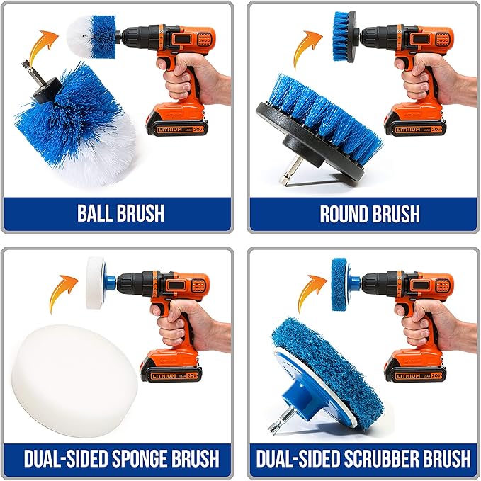 RevoClean 4 Piece Scrub Brush Power Drill Attachments-All Purpose Time Saving Kit-Perfect for Cleaning Grout, Tile, Counter, Shower, Grill, Floor, Kitchen, Blue & White