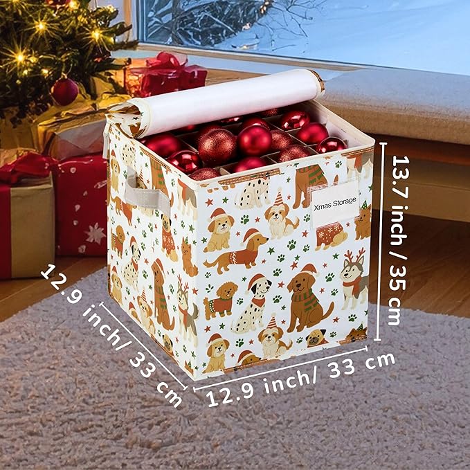 VENO 2 Pack Christmas Ornament Storage Box, Stores up to 64 Holiday Ornaments, Adjustable Dividers, Zippered Top, Storage bins with lids for holiday decorations-3 Inch Cube Compartments (Holiday Pups)