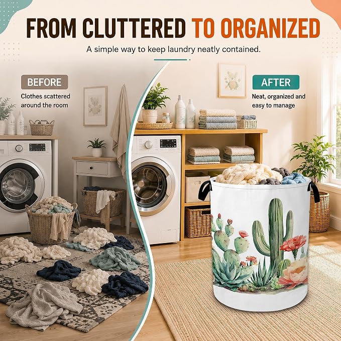 Cactus Succulent Laundry Basket,Greenery Flower Foldable Oxford Laundry Hamper with Handles,Collapsible Clothes Storage Basket for Bedroom,Bathroom,or Laundry Room,20.8 x 16 Inches