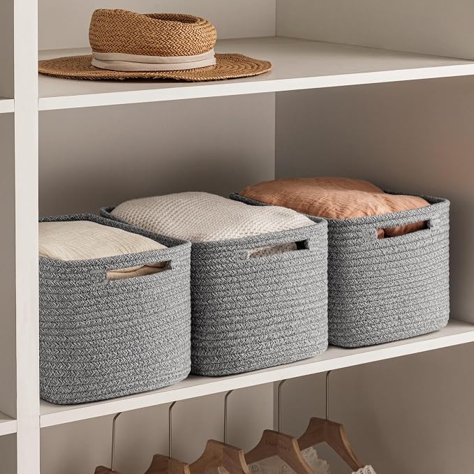 4 Pack Storage Baskets for Organizing, Woven Baskets for Shelves, Grey | 13"L x 9"W x 7.5"H, Woven Basket, Cotton Rope Basket, Toy Storage, Cube Shelf, Gift Baskets Empty, Home Decor