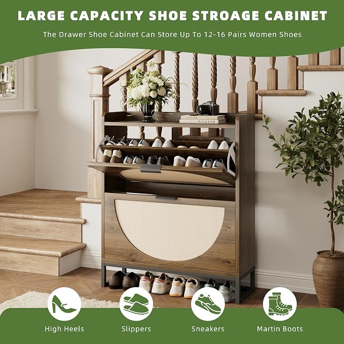 Flip Drawer Shoe Cabinet, Slim Narrow Entryway Storage Furniture with Hidden Flip-Open Organizer, Engineered Wood & Veneer Construction, Hallway Living Room Foyer, 2 Drawer, Oak
